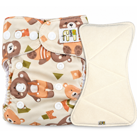 Pieluszka Wielorazowa AIO Kieszonka bambus z wkładem klepsydrowym OS 6–15 kg - Misie Zielone | NappiMe®