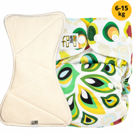 Pieluszka Wielorazowa AIO Kieszonka bambus z wkładem klepsydrowym OS 6–15 kg - Pawie | NappiMe®