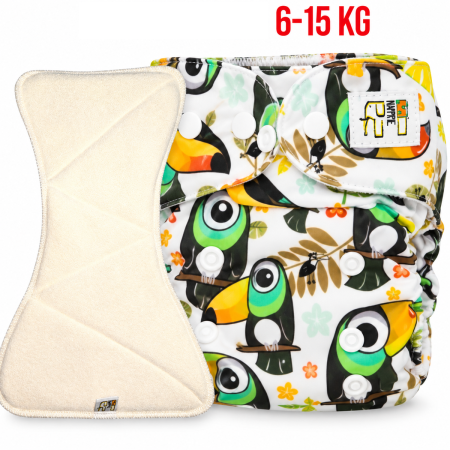 Pieluszka Wielorazowa AIO Kieszonka coolmax z wkładem klepsydrowym OS 6–15 kg - Tukany | NappiMe®
