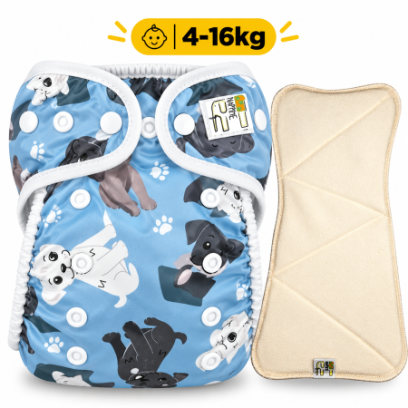 Pieluszka Wielorazowa AIO PUL ze skrzydełkami OS 6–15 kg - Pieski Niebieskie | NappiMe®