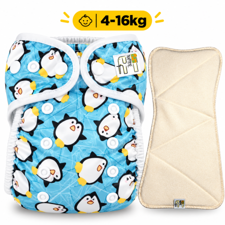 Pieluszka Wielorazowa AIO PUL z wkladem klepsydrowym OS 6–15 kg - Pingwiny | NappiMe®