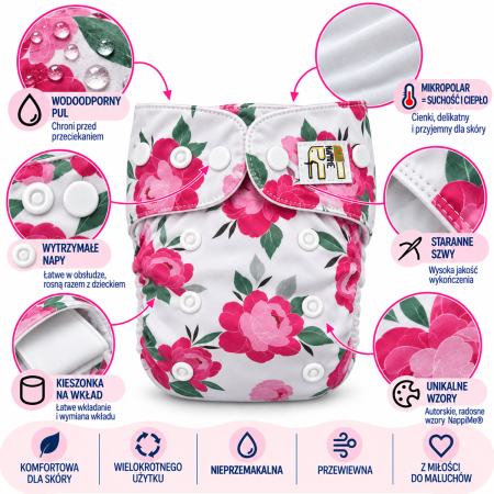 Pieluszka wielorazowa Kieszonka Mikropolar OS 6–15 kg – Piwonie | NappiMe®