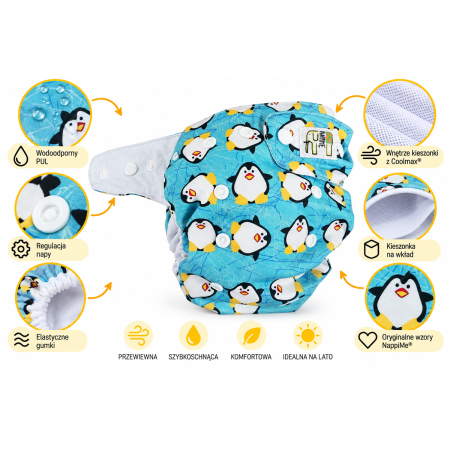 Pieluszka wielorazowa Kieszonka Coolmax OS 6–15 kg – Pingwiny | NappiMe®