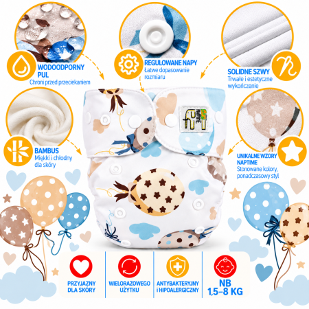 Pieluszka wielorazowa Kieszonka Bambus NB 1,5-8 kg – Balony Miętowe | NappiMe®