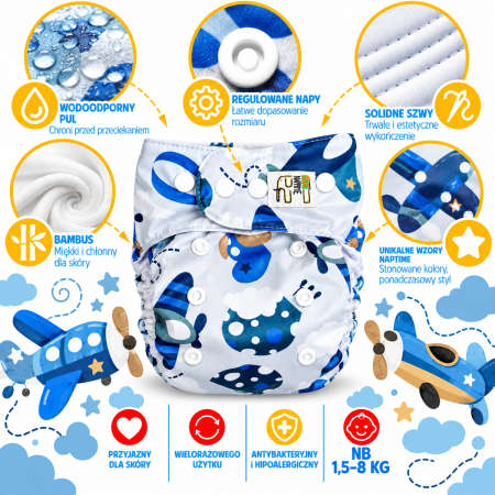 Pieluszka wielorazowa Kieszonka Bambus NB 1,5-8 kg – Samoloty | NappiMe®