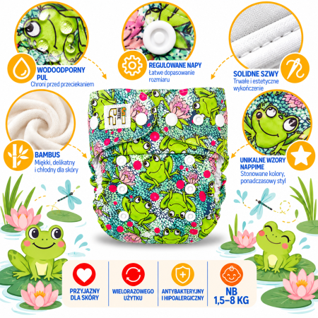 Pieluszka wielorazowa Kieszonka Bambus NB 1,5-8 kg – Żaby | NappiMe®