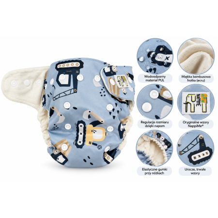 Pieluszka wielorazowa Kieszonka Bambus OS 6–15 kg – Koparki | NappiMe®