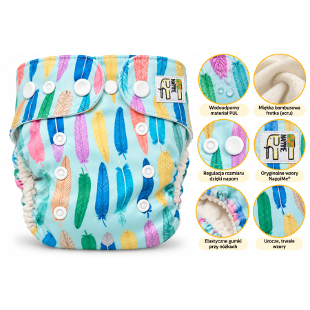 Pieluszka wielorazowa Kieszonka Bambus OS 6–15 kg – Piórka | NappiMe®