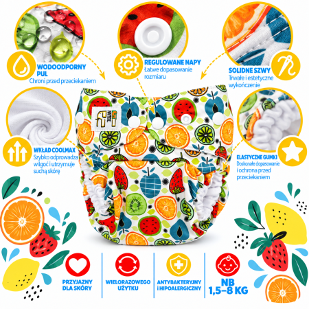 Pieluszka wielorazowa Kieszonka Coolmax NB 1,5-8 kg – Owocowy Mix | NappiMe®