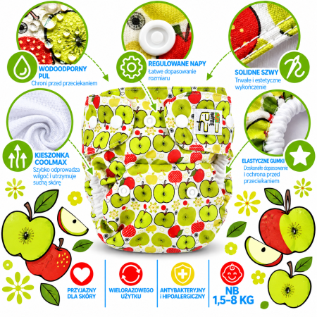 Pieluszka wielorazowa Kieszonka Coolmax NB 1,5-8 kg – Jabłka | NappiMe®
