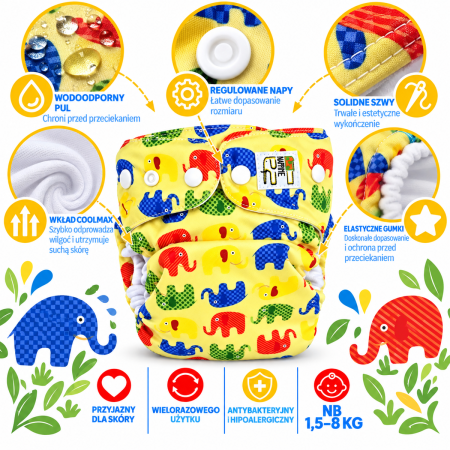 Pieluszka wielorazowa Kieszonka Coolmax NB 1,5-8 kg – kolorowe Słonie | NappiMe®