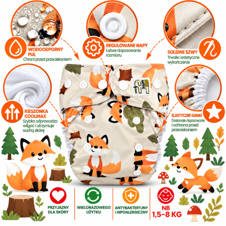 Pieluszka wielorazowa Kieszonka Coolmax NB 1,5-8 kg – Liski | NappiMe®