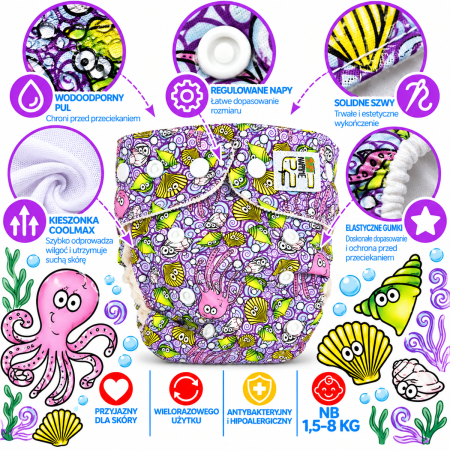 Pieluszka wielorazowa Kieszonka Coolmax NB 1,5-8 kg – Morskie Zwierzęta | NappiMe®