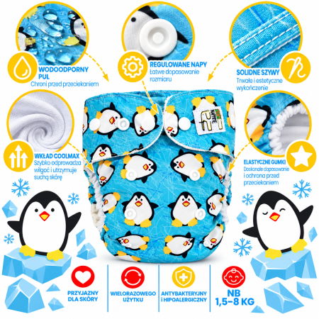 Pieluszka wielorazowa Kieszonka Coolmax NB 1,5-8 kg – Pingwiny | NappiMe®