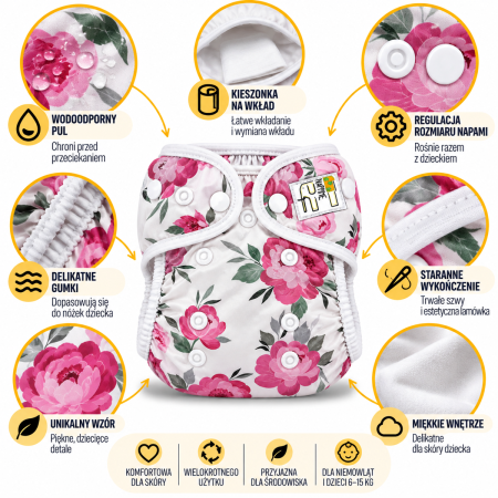 Pieluszka wielorazowa Kieszonka Coolmax ze skrzydełkami OS 6–15 kg – Piwonie | NappiMe®