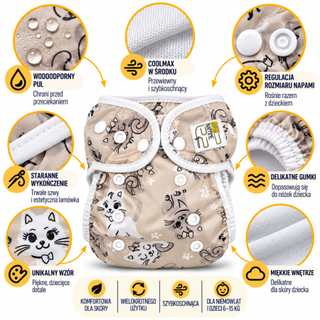 Pieluszka wielorazowa Kieszonka Coolmax ze skrzydełkami OS 6–15 kg – Kotki | NappiMe®