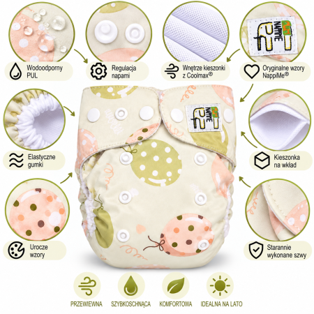Pieluszka wielorazowa Kieszonka Coolmax OS 6–15 kg – Balony Zielone | NappiMe®