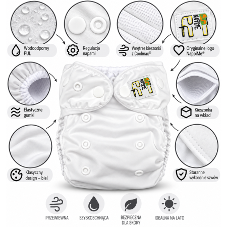 Pieluszka wielorazowa Kieszonka Coolmax OS 6–15 kg – Biała | NappiMe®