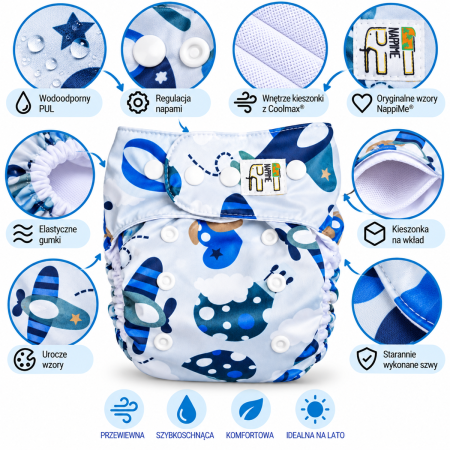 Pieluszka wielorazowa Kieszonka Coolmax OS 6–15 kg – Samoloty | NappiMe®