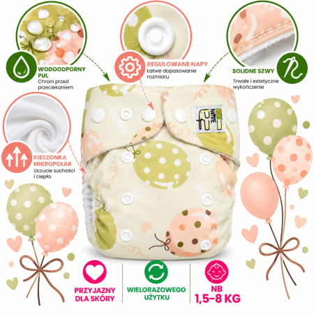 Pieluszka wielorazowa Kieszonka Mikropolar NB 1,5-8 kg – Balony Zielone | NappiMe®