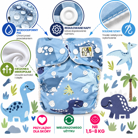 Pieluszka wielorazowa Kieszonka Mikropolar NB 1,5-8 kg – Dino | NappiMe®