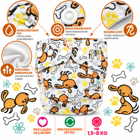 Pieluszka wielorazowa Kieszonka Mikropolar NB 1,5-8 kg – Pieski | NappiMe®