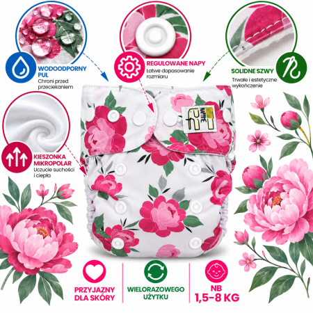 Pieluszka wielorazowa Kieszonka Mikropolar NB 1,5-8 kg – Piwonie | NappiMe®