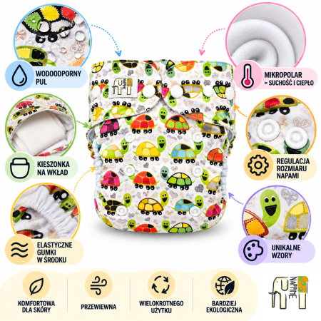 Pieluszka wielorazowa Kieszonka Mikropolar OS 6–15 kg – Żółwie | NappiMe®
