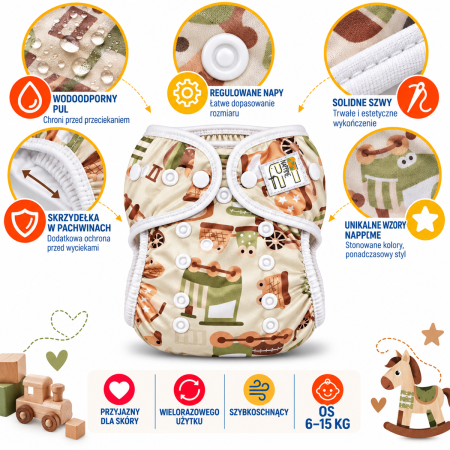 Pieluszka wielorazowa otulacz PUL ze skrzydełkami OS 6–15 kg – Pociągi Zielone | NappiMe®