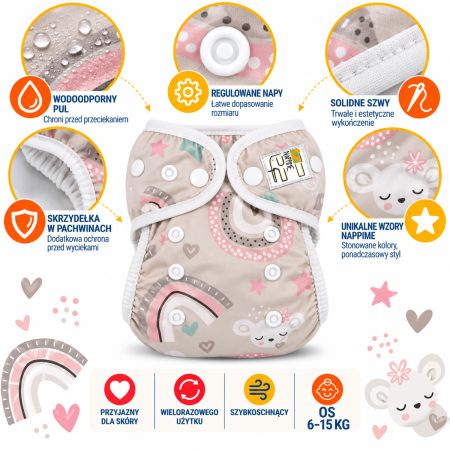 Pieluszka wielorazowa otulacz PUL ze skrzydełkami OS 6–15 kg – Tęcza | NappiMe®