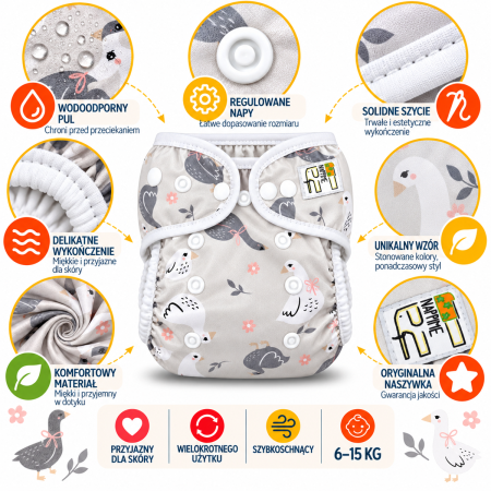 Pieluszka wielorazowa otulacz PUL OS 6–15 kg – Gąski | NappiMe®