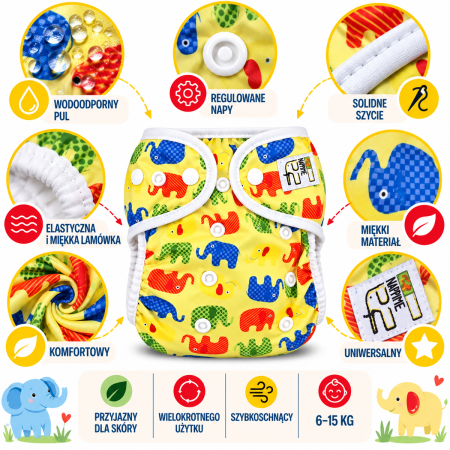 Pieluszka wielorazowa otulacz PUL OS 6–15 kg – Kolorowe Słonie | NappiMe®