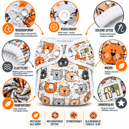 Pieluszka wielorazowa otulacz PUL OS 6–15 kg – Koty | NappiMe®