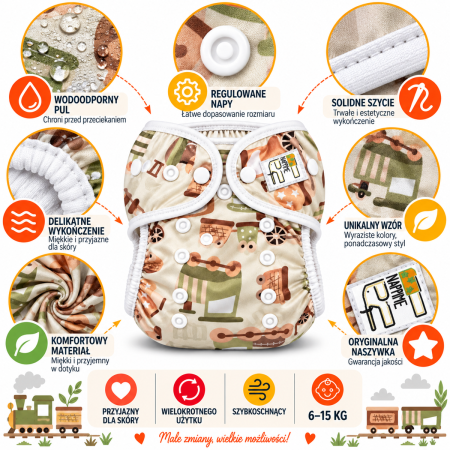 Pieluszka wielorazowa otulacz PUL OS 6–15 kg – Pociągi Zielone | NappiMe®
