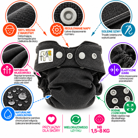 Pieluszka wielorazowa Otulacz Wełniany NB 1,5-8 kg – Wilk, szare napy | NappiMe®
