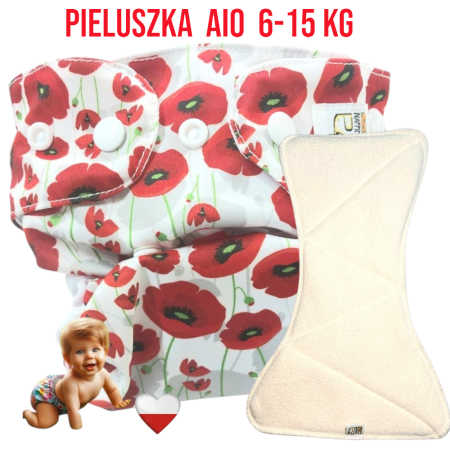 Pieluszka Wielorazowa AIO Kieszonka mikropolar z wkładem klepsydrowym OS 6–15 kg - Maki | NappiMe®