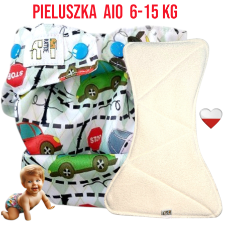 Pieluszka Wielorazowa AIO Kieszonka coolmax z wkładem klepsydrowym OS 6–15 kg - Auta | NappiMe®