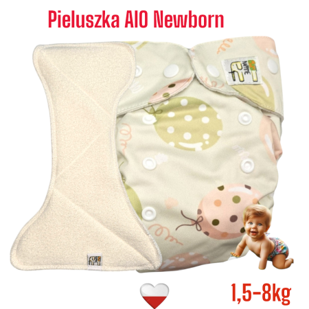 Pieluszka Wielorazowa AIO NEWBORN Kieszonka Mikropolar BALONY ZIELONE
