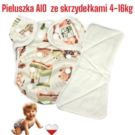 Pieluszka Wielorazowa AIO Kieszonka Coolmax ze Skrzydełkami POCIĄGI ZIELONE  NappiMe